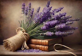 AI illustration of a bundle of lavender and a stack of books on a wooden table.