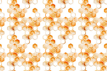 Seamless pattern with yellow and orange honeycomb for label, template, print, for any design. Digital watercolor illustration