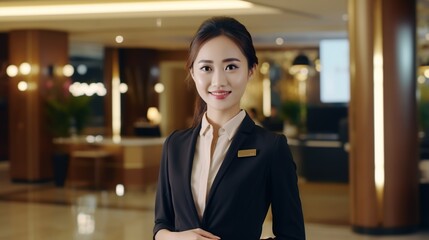Asian female receptionist smiling at the camera