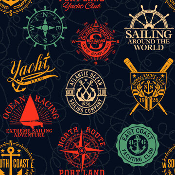 Nautical style marine sailing badges patchwork with rope background abstract vector seamless pattern