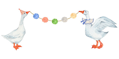 Watercolor geese with colorful garland. Cute festive farm bird and garland poms. Hand drawn illustration on transparent for your party design. - obrazy, fototapety, plakaty