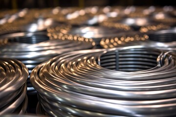 close-up of aluminum wire coils in a manufacturing plant