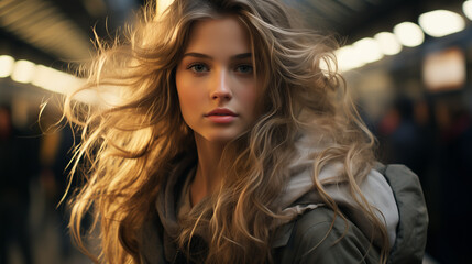 Beautiful young woman near the train, ai generated