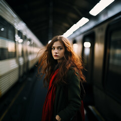 Fototapeta na wymiar Beautiful young woman near the train, ai generated