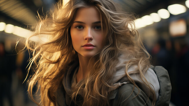 Beautiful young woman near the train, ai generated