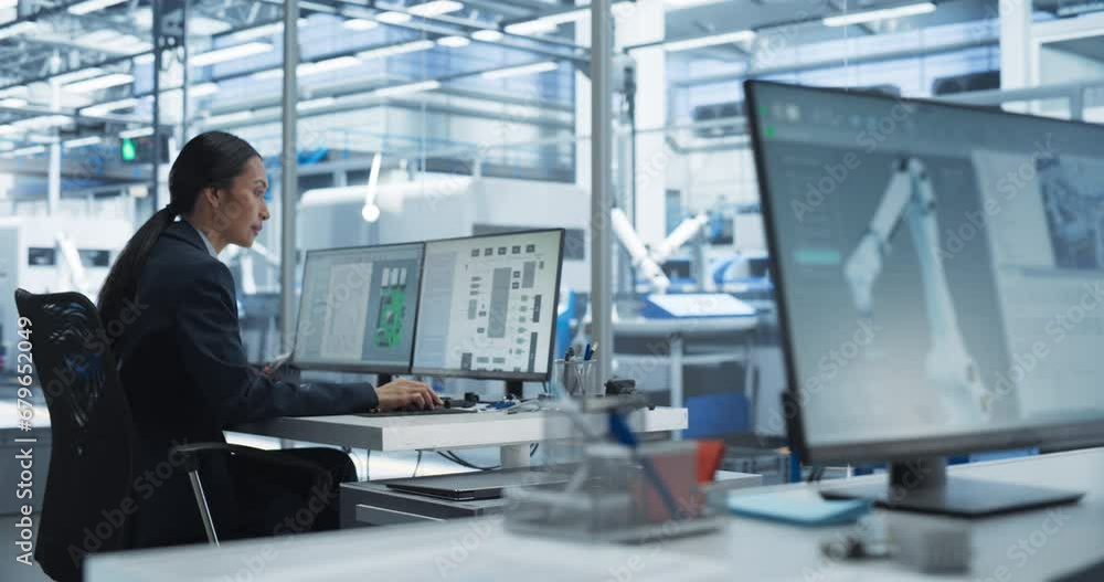 Aufkleber Young Asian Electronics Engineer and Automation System Administrator Working on Desktop Computers in Office. Specialists Monitoring, Analyzing Conditions at a Modern Components Manufacturing Plant
