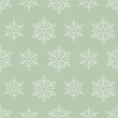Pattern. Seamless pattern with the image of snowflakes of various shapes. Winter pattern with snowflakes on a green background. Vector