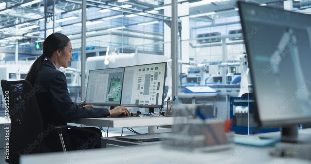 Poster Asian Industrial Engineer Doing Creative Work on a Computer in Office. Female Creating an Innovative Motherboard with Powerful Microchips for Artificial Intelligence Systems
