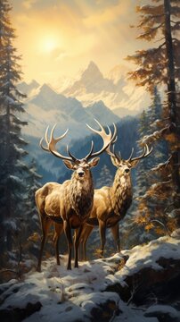 Two stag in the forest in winter slovene landscape Ai generated art