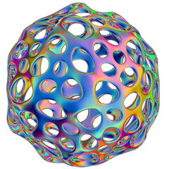 Iridescent geometric 3D shape isolated on a transparent background. Trendy abstract holographic design element.