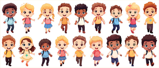Set of Happy multiethnic preschool girls and boy standing in different expressions, Cute kids cartoon with different expressions, Set of funny and cute little boy and girl with different expressions - obrazy, fototapety, plakaty