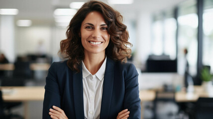 Beautiful middle age business woman smiling happy standing at office.