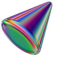 Iridescent geometric 3D shape isolated on a transparent background. Trendy abstract holographic design element.