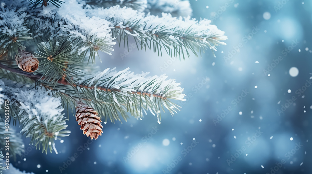 Sticker winter background with pine branches with pine cones in a snowy forest, christmas tree. new year hea