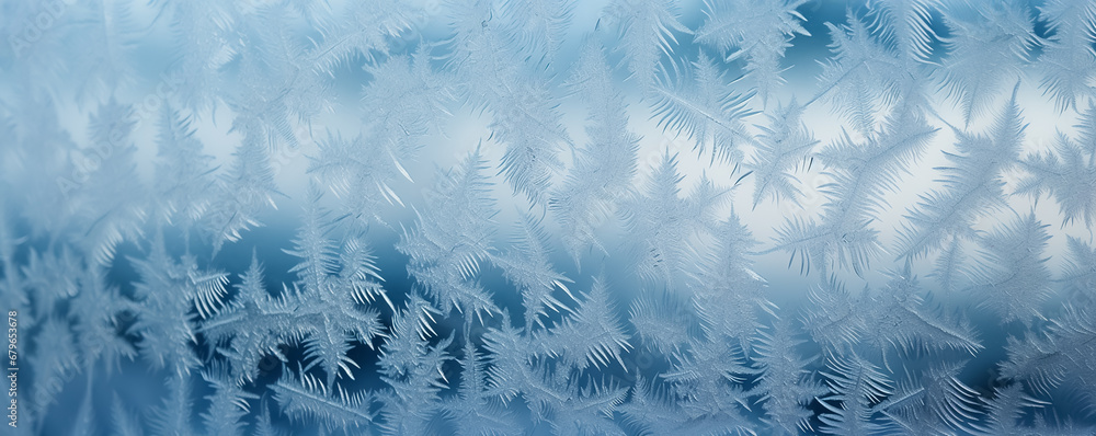 Wall mural winter background with frostwork on glass. new year header for a website with copy space.