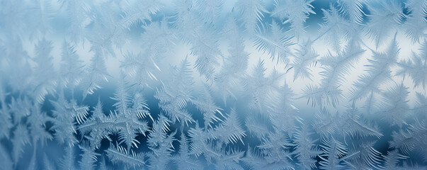 Winter background with frostwork on glass. New Year header for a website with Copy space.