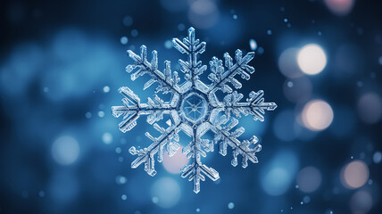 Fototapeta na wymiar Winter background with macro shot of a snowflake close up. New Year header for a website with Copy space.
