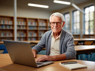 Senior man working on laptop in library. Old man in eyeglasses sitting at table and using laptop.IA generativa