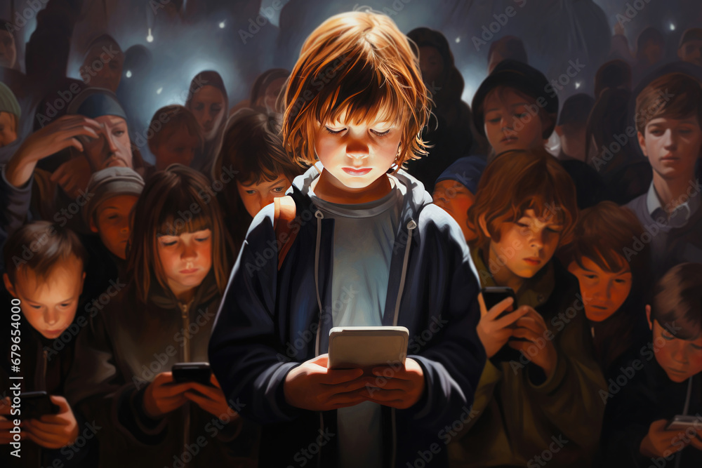 Wall mural child look in smartphone and standing in crowd of children with mobile phones. Concept of gadget addiction