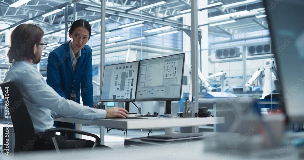Poster Portrait of a Young Male Engineer and a Asian Team Leader Collaborating on a Project, Using Computer and Talking in a Factory with Equipment Producing Modern Technical Devices for Tech Industries