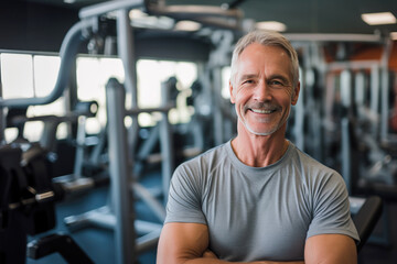 Fototapeta na wymiar smiling senior man at gym. Concept of healthy active lifestyle on retirement