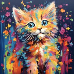 Very happy rainbow colored watercolor kitten painting AI generated art
