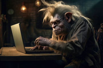 internet troll sitting at the table and typing on laptop bad comments - obrazy, fototapety, plakaty
