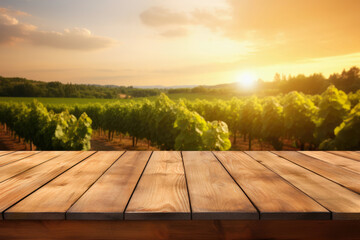 empty table with blurred vineyard on sunset as background