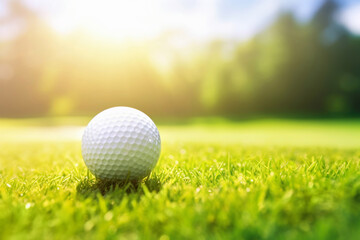 Obraz premium golf ball on green grass with sunlight and blurred background