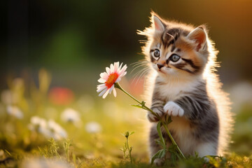 cute fluffy kitten holding flower in paws outdoors
