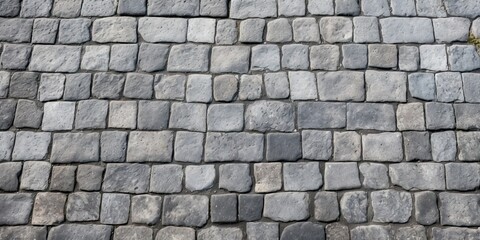 Grey Old Stone Pavement Top View, Granite Cobblestone Road, Green Moss, Wet Surface