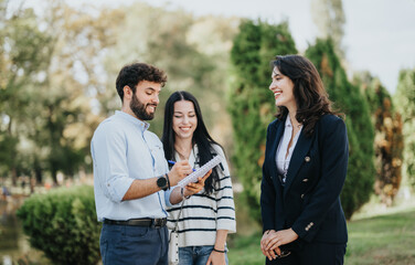 Successful Students Collaborating Outdoors on University Project