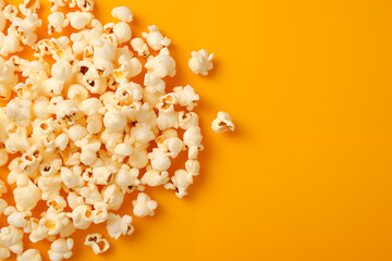 Popcorn scattered on a yellow background.  A classic movie theater snack. View from above.