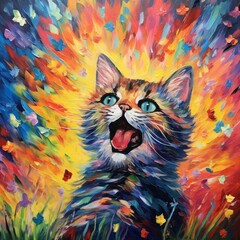 Very happy rainbow colored watercolor kitten painting AI generated image