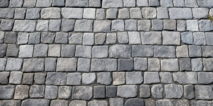 Grey Old Stone Pavement Top View, Granite Cobblestone Road, Green Moss, Wet Surface