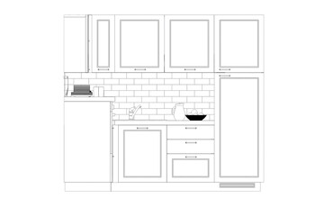 Kitchen interior furniture isolated on transparent background, outline illustration, sketch