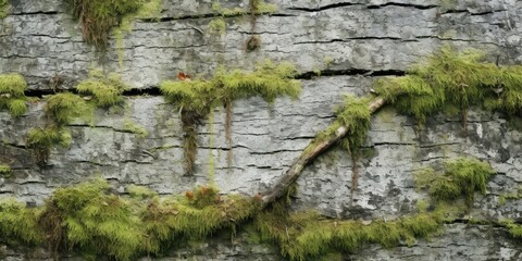 Natural Gray Old Tree Bark with Green Moss and Lichens, Moss on Bark Texture Background