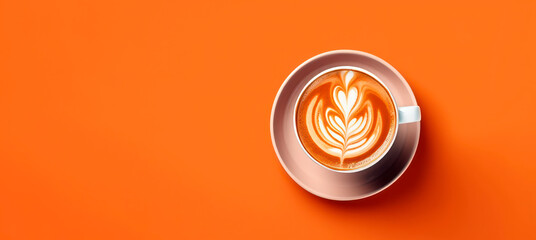 Banner of cup of coffee with latte art over orange background and copy space. Top view photo.
