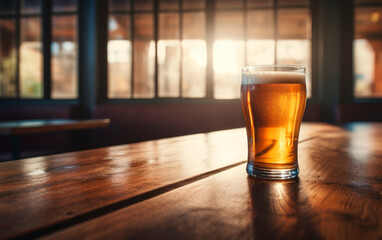 Glass of fresh and cold beer over nice wooden table at bar with sunlight from window. Still life photo of beer for product presentation with copy space.