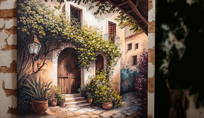 Fototapeta na wymiar Village courtyard acrylic painting pictures AI Generated pictures