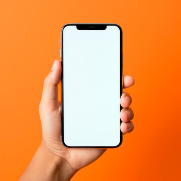 Mockup of hand holding smartphone with blank screen. Colorful orange square photo with copy space.	