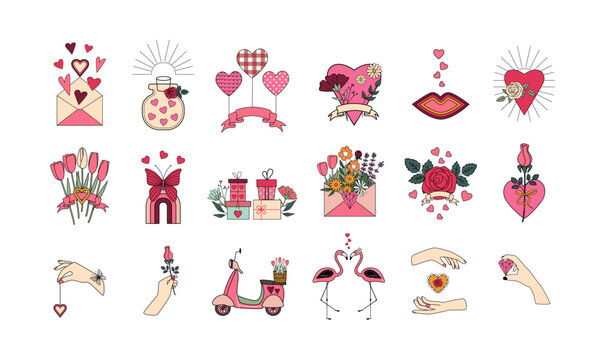 Retro vintage Valentine's day clipart. Romantic symbols. Groovy hearts, flowers, love mail, gifts, hands, flamingo, scooter, rainbow, butterfly.