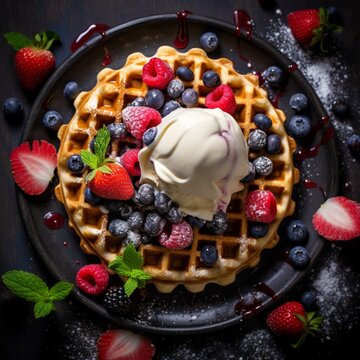 Waffle with ice cream fresh berries top view AI generated illustration picture