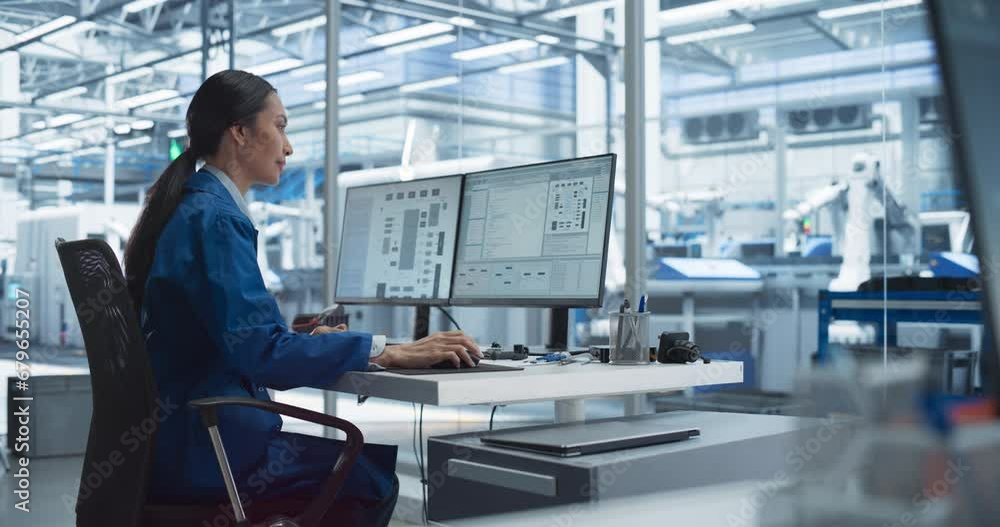 Aufkleber Experienced Female Software Developer Working in Office, Using Desktop Computer and Overlooking Production at a Modern Automated Electronics Manufacture with Robotic Arms. Administrator at Work