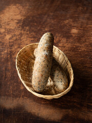 loaf of black sesame bread in basket