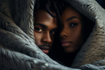 Generative AI portrait lovers couple waking up together wrapped in fluffy blanket winter morning - obrazy, fototapety, plakaty