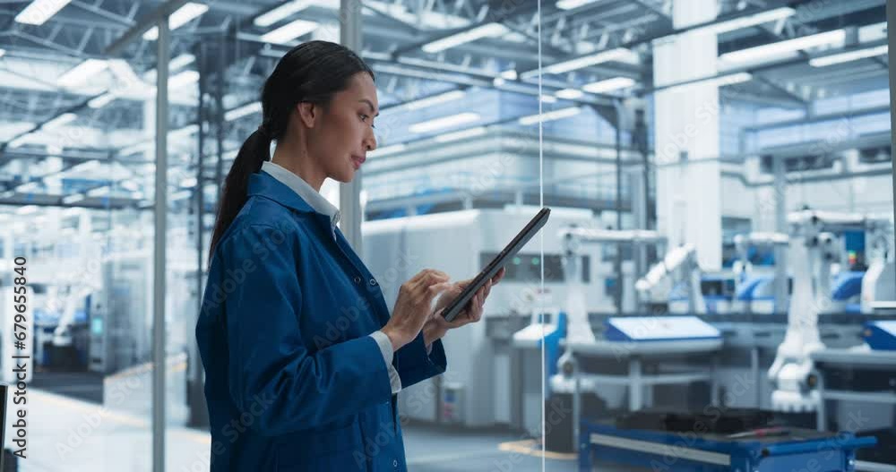 Poster Focused Asian Engineer Monitoring and Analyzing Conditions at a Modern Electronics Factory on a Tablet Device. Facility with Automated Robot Hands Working with the Help of Artificial Intelligence