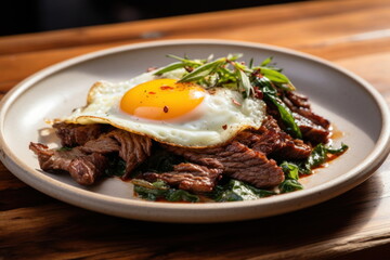 Beef and basil with fried egg, thai food