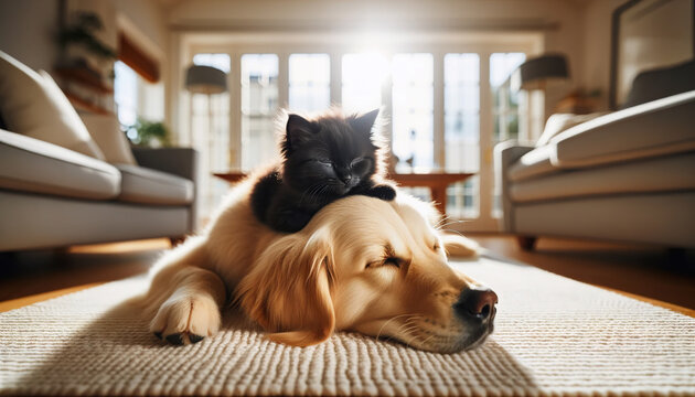 Adorable Black Kitten Napping Peacefully Atop a Slumbering Golden Retriever in a Cozy Home Indoors Livingroom Setting, Heartwarming Harmony, Cat and Dod Cute Pets Sleeping
