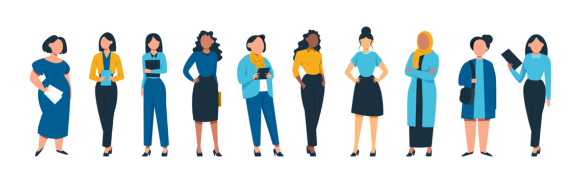Vector illustration of diverse businesswomen standing in office outfits isolated on white background